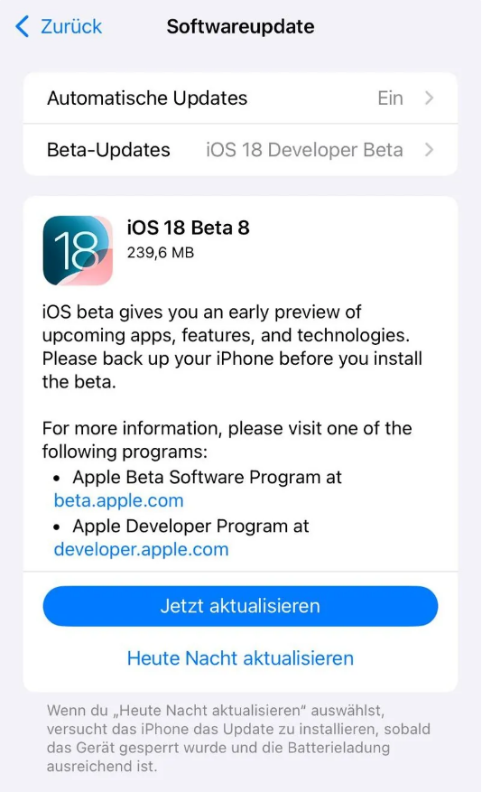 天峻苹果手机维修分享苹果 iOS / iPadOS 18 开发者预览版 Beta 8 发布 